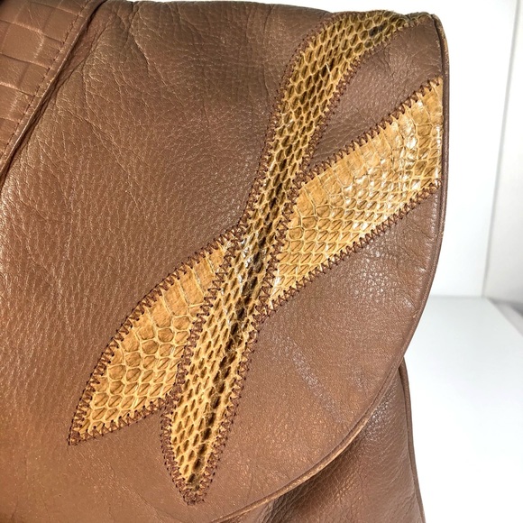 VINTAGE 1980’s LEATHER & SNAKE SKIN LG TAN CLUTCH PURSE Granny Core Y2K Retro - Picture 4 of 12